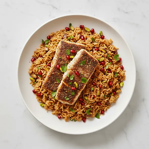 Arabic Salata Spiced Fish With Pomegranate Pilaf